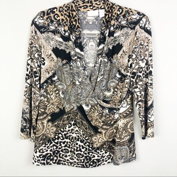 CHICO’S | Leopard Wrap Top 3/4 Sleeve Size 1 / M - Picture 3 of 10
